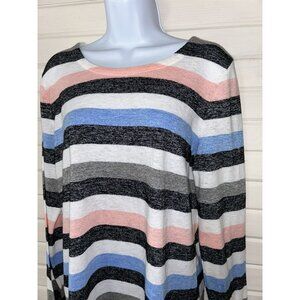 T by Talbots Sz LARGE Stripe Cutout Back Top L/S Blue Pink Gray Knit Logo EUC